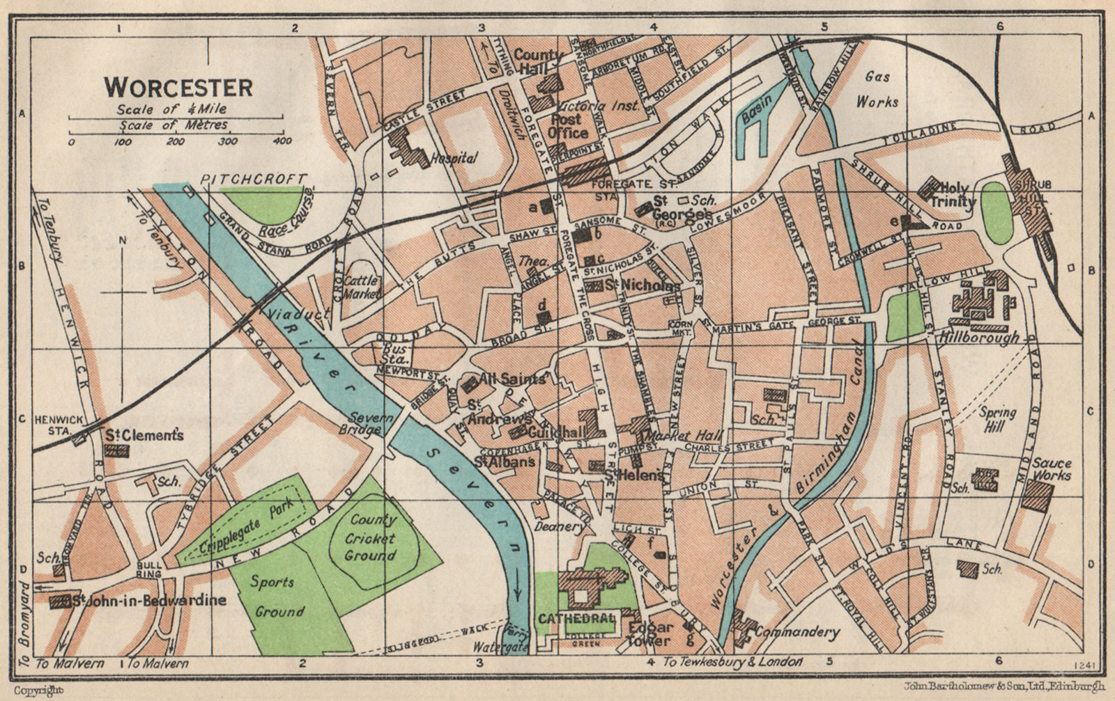 WORCESTER. Vintage town city map plan. Worcestershire 1950 old vintage